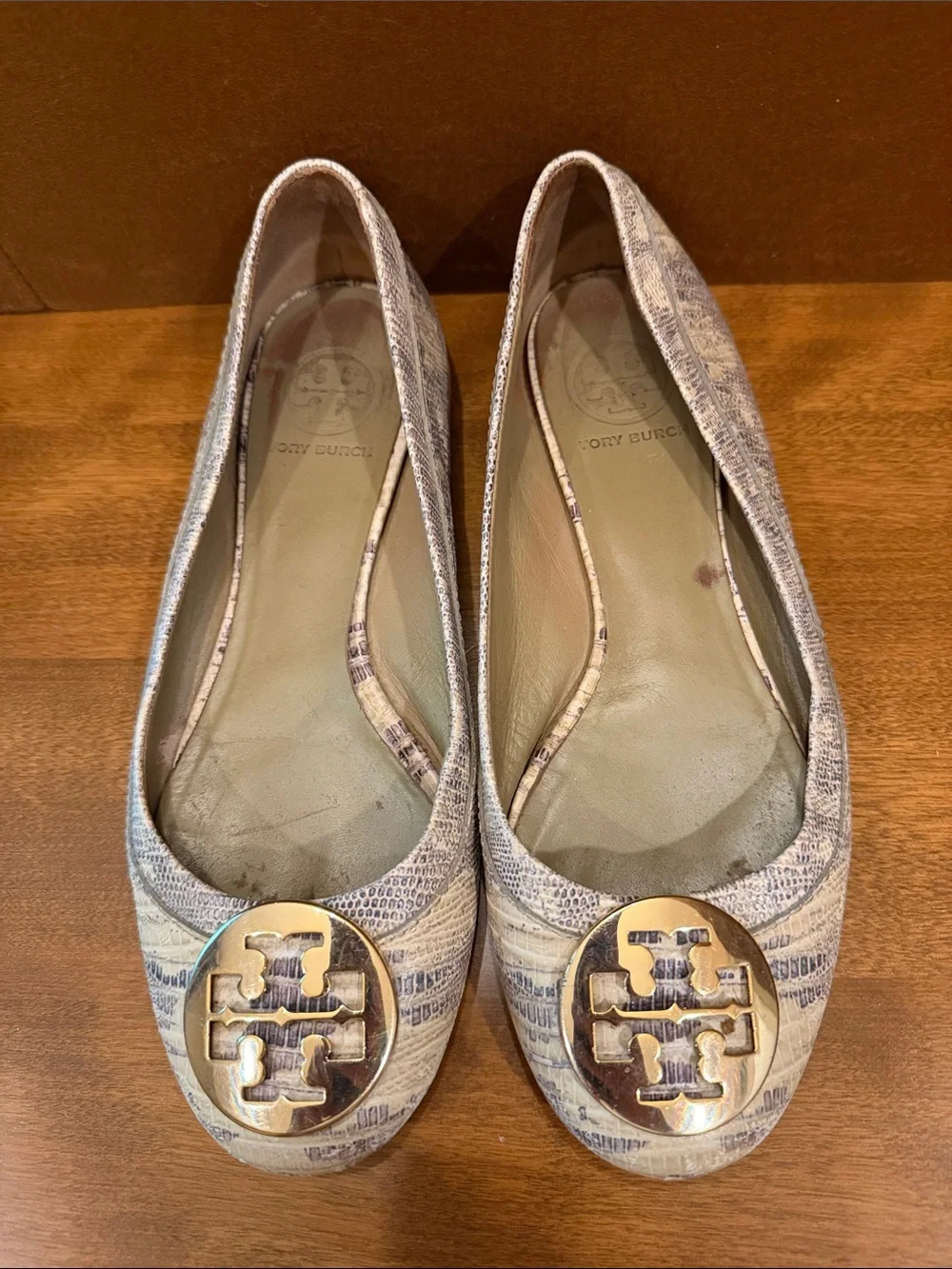 Tory Burch Light Neutral Patterned Logo Ballet Flats with Gold Medallions